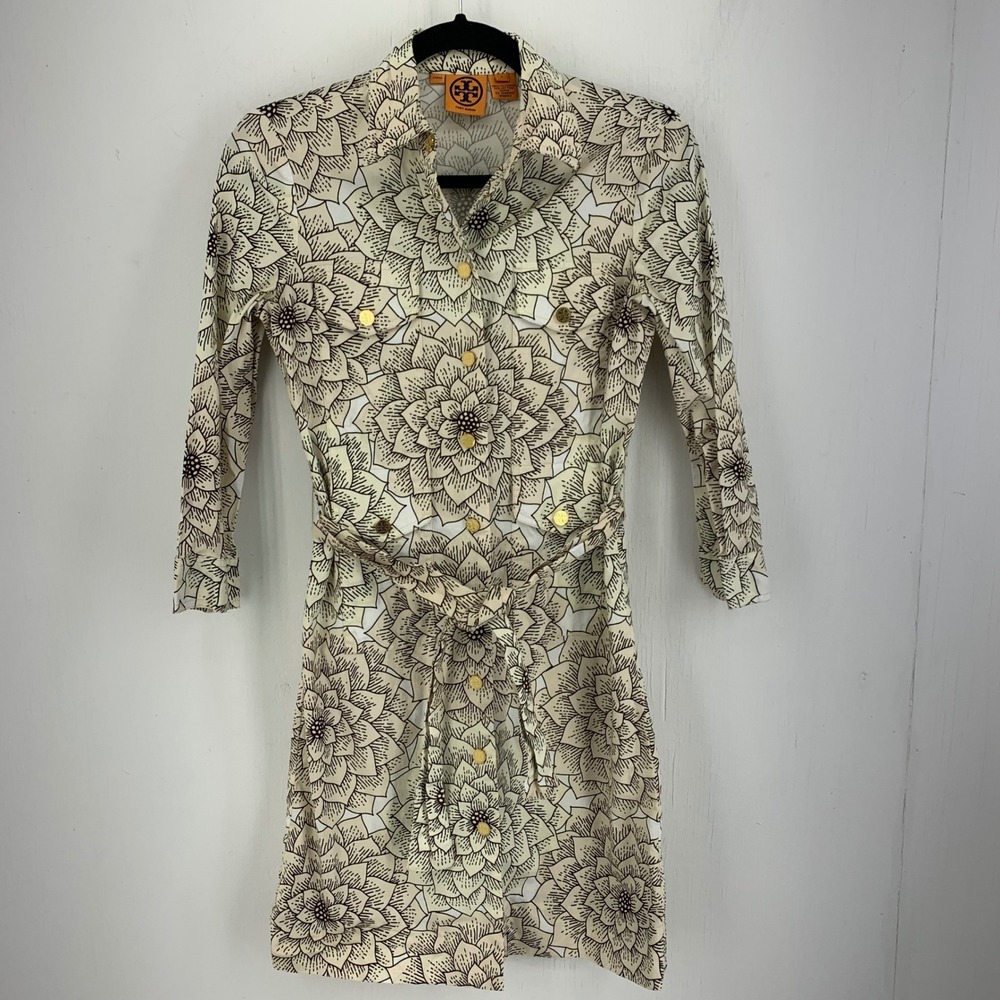 Tory Burch Womens 0 Floral Lotus Print Snap Front Shirt Dress Resortwear Preppy